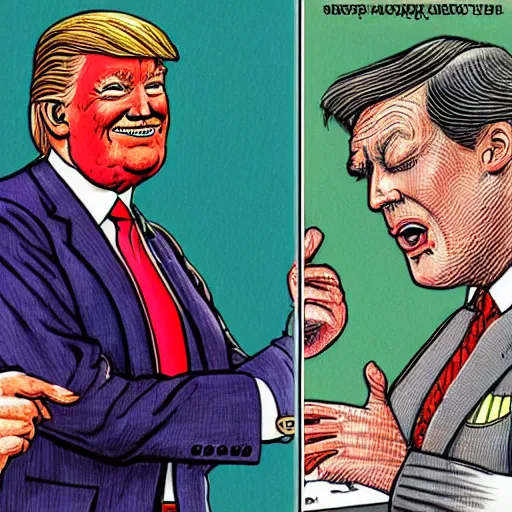 Image similar to !dream The Artwork of R. Crumb and his Cheap Suit Donald Trump and Jared Kushner, pencil and colored marker artwork, trailer-trash lifestyle