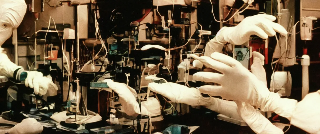 Prompt: a high quality color extreme creepy atmospheric wide dutch angle hd 4 k film 3 5 mm photograph of hand wearing rubber gloves wiping cobwebs off of a piece of lab equipment in 1 9 8 2