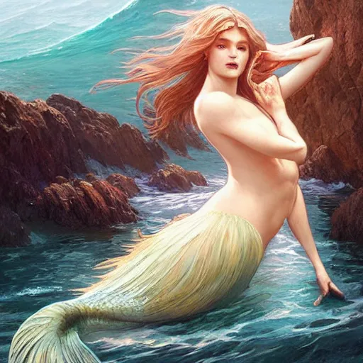 Image similar to beautiful mermaid emerging from the ocean, highly detailed, digital painting, artstation, concept art, sharp focus, illustration, art by artgerm and greg rutkowski and alphonse mucha