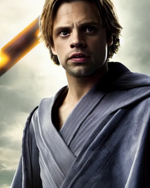 Image similar to sebastian stan portraying a beautiful luke skywalker grand master jedi from star wars legends, in a jedi robe, without lightsaber, movie, hyper realistic, hollywood promotional image, imax, 8 k