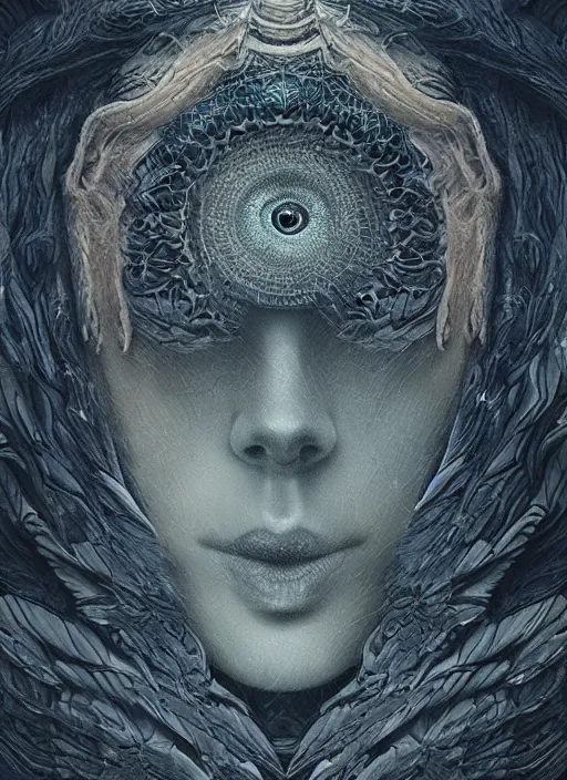 Image similar to Her huge ominous glowing blue eyes staring into my soul , perfect eyes, intricate stunning highly detailed, agostino arrivabene, WLOP, twisted dark lucid dream, 8k portrait render, raven angel wings, swirling thick smoke , beautiful lighting, dark fantasy art, cgsociety