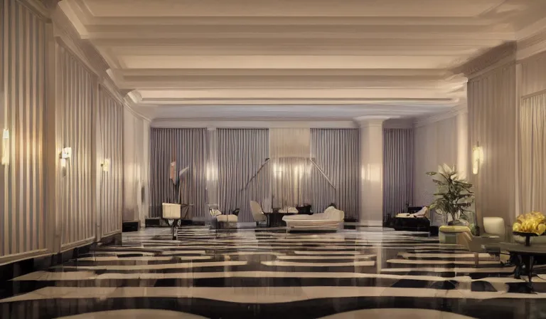 Image similar to a beautiful, sharp focus, clean lines. the interior of a 1 9 4 0 s art deco luxury hotel lobby. vaporwave ombre rendering. outrun style. trending on artstation. recommended for you behance. wes anderson colors. by chris moore. by edward hopper. ambient occlusion. digital matte painting. metropolis filmic. gotham city.