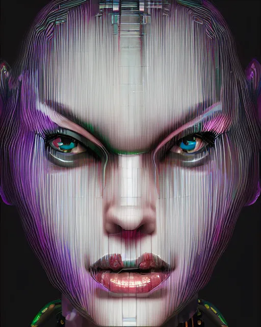 Image similar to a glitch art character portrait of female rogue a. i. trending on artstation deviantart pinterest hyper detailed photorealistic highlights and shadow hd 8 k post - processing high resolution