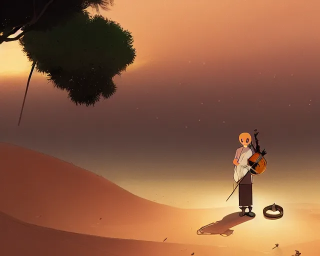 Image similar to an arab playing oud in the desert with a storm, makoto shinkai, loish, studio ghibli