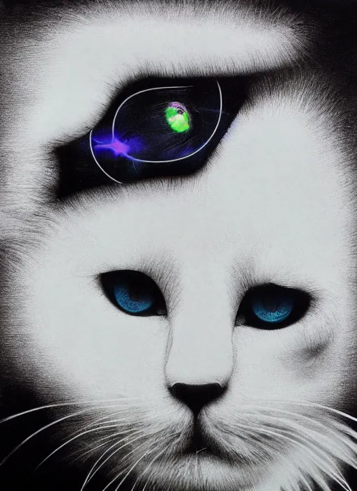 Image similar to futuristic lasers tracing, laser cat, selkirk rex longhair, by steven meisel, kaws, rolf armstrong, mondrian, kandinsky, perfect geometry abstract acrylic, octane hyperrealism photorealistic airbrush collage painting, dark monochrome, fluorescent colors, minimalist rule of thirds, eighties eros