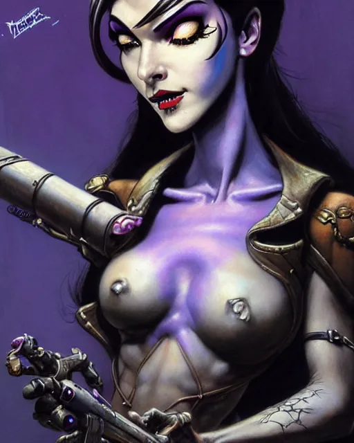 Prompt: widowmaker from overwatch, heavey metal magazine cover, character portrait, portrait, close up, concept art, intricate details, highly detailed, in the style of frank frazetta, esteban maroto, richard corben, pepe moreno, matt howarth, stefano tamburini, tanino liberatore, luis royo and alex ebel