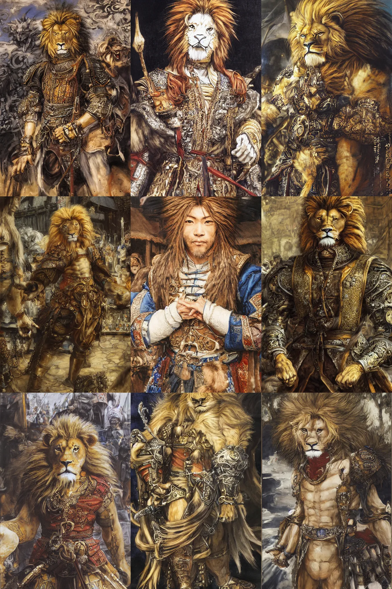 Image similar to 8 k yoshitaka amano painting of upper body of a young cool looking lion beastman with white mane at a medieval market at windy day. depth of field. he is wearing complex fantasy clothing. he has huge paws. renaissance style lighting.