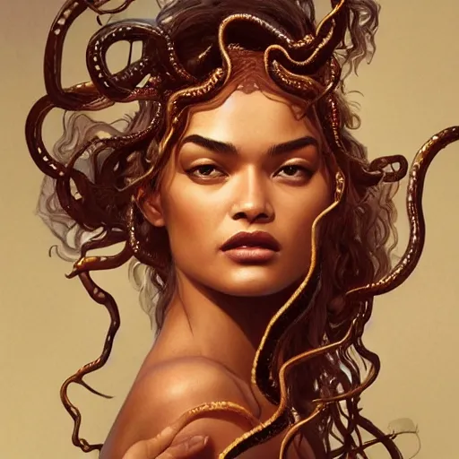 Prompt: Shanina Shaik as Medusa, screaming, snakes for hair, intricate, elegant, highly detailed, digital painting, artstation, concept art, smooth, sharp focus, illustration, art by artgerm and greg rutkowski and alphonse mucha