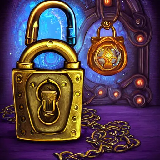 Image similar to a glowing steampunk keyed padlock 🔒 🔑, fantasy digital art, magical background in the style of hearthstone artwork