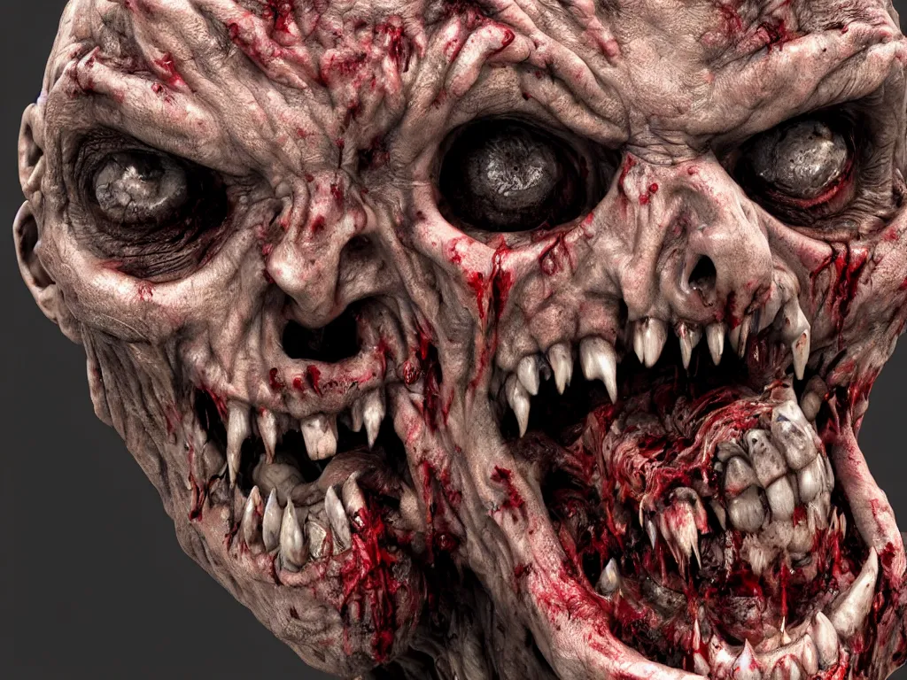 Image similar to zombie close up, grotesque, ugly, moody, 3 d, 3 d render, realistic, hdr, stan winston studios, dramatic lighting, cinematic lighting, studio quality, perfect image