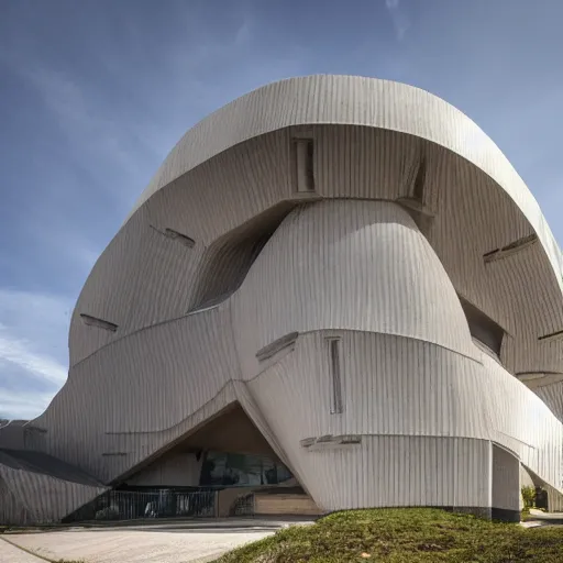 Prompt: a scifi church built in brutalist architecture, wild unique building geometry, combination of sharp and rounded elements, photography