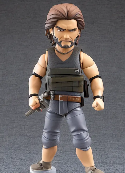 Image similar to kurt russell, a nendoroid of kurt russell is snake plisskin figurine, black tank top, grey pants, escape from new york, realistic face, detailed product photo