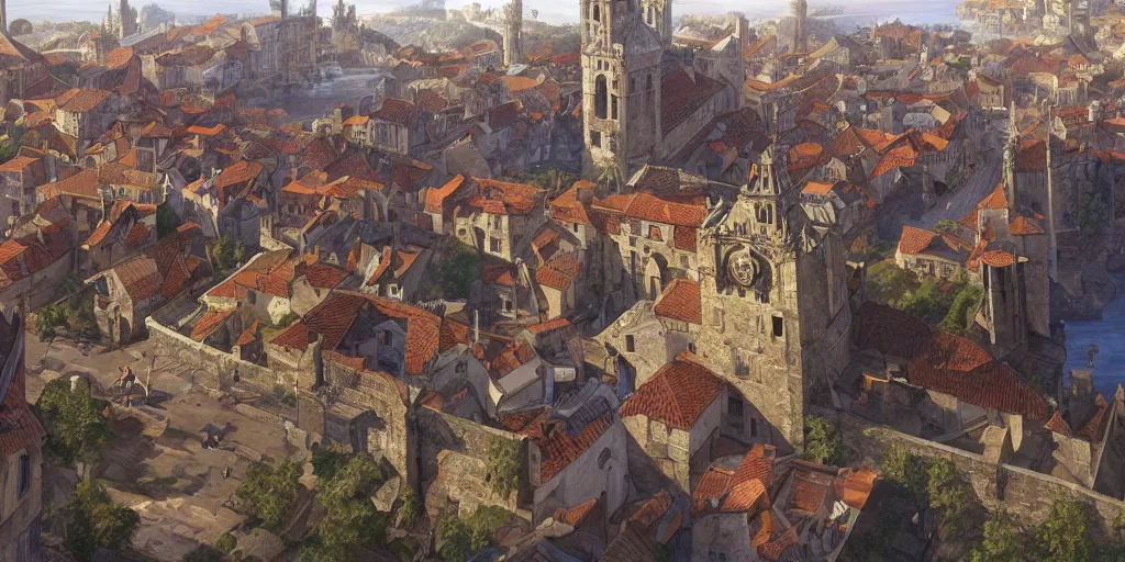 Prompt: medieval port town landscape as seen from above, no people, pokemon sword and sheild, bright future, social realism, highly detailed, digital painting, artstation, concept art, matte, sharp focus, illustration, art by artgerm and greg rutkowski and alphonse mucha