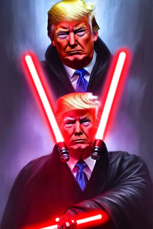 Prompt: Donald Trump as a Sith from Star Wars, red light saber, realistic portrait, symmetrical, highly detailed, digital painting, artstation, concept art, smooth, sharp focus, cinematic lighting, art by artgerm and greg rutkowski and alphonse mucha