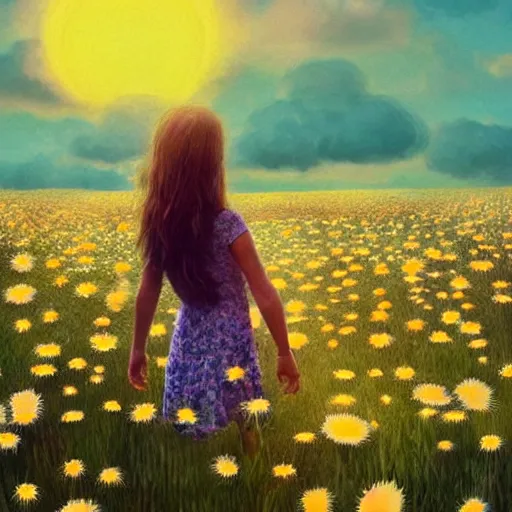 Image similar to head made of giant daisies, girl standing barefoot in a vast flower field, arms behind back, surreal photography, sunrise dramatic light, impressionist painting, colorful clouds, large sky, digital painting, artstation, simon stalenhag, flower face