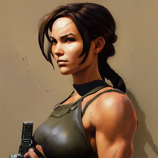 Image similar to greg manchess portrait painting of partially armored lara croft as overwatch character, close - up shot, asymmetrical, profile picture, organic painting, sunny day, matte painting, bold shapes, hard edges, street art, trending on artstation, by huang guangjian and gil elvgren and sachin teng