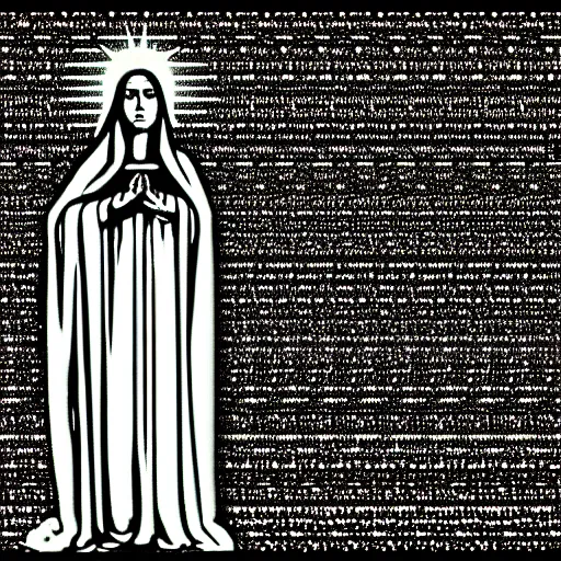 Image similar to vhs static overlay of marian apparition, vhs, 1 9 9 0, highly realistic, highly detailed, vhs noise static, black and white, vhs glitch