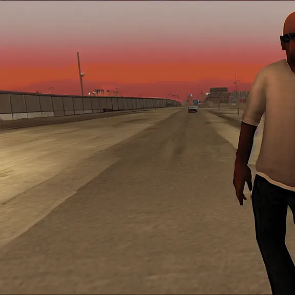 Image similar to Mike Ehrmantraut in Los Santos, screenshot from the PS2 version of GTA San Andreas, orange sky, screenshot from 2004, low quality graphics