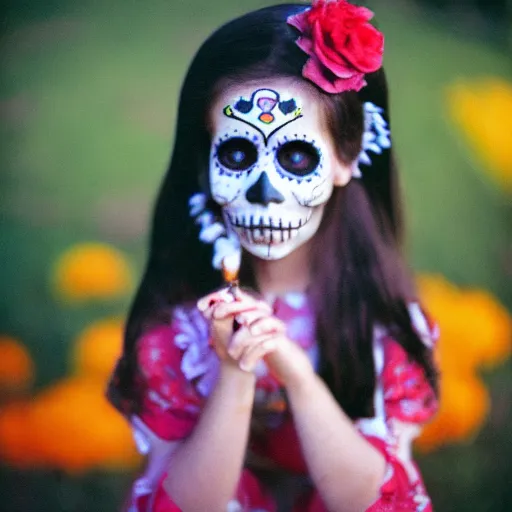 Prompt: detailed and realistic portrait photography of a cute Día de los Muertos girl at dusk by Annie Leibovitz, Agfa Vista 800 film, Leica M9