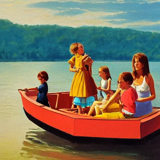 Image similar to The land art depicts a group of well-dressed women and children enjoying a leisurely boat ride on a calm day. The women are chatting and laughing while the children play with a toy boat in the foreground. alternate dimensions by Tibor Nagy, by Ken Kelly angular, doom