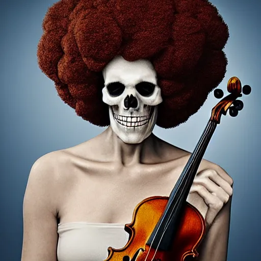 Image similar to portrait photograph, Realistic Skeleton wearing an afro wig and playing the violin