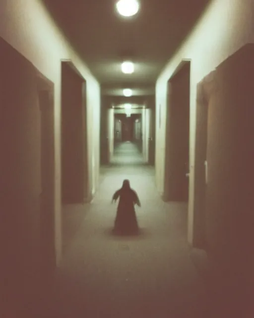 Image similar to an amateur disposable camera picture of a ghost in a hallway