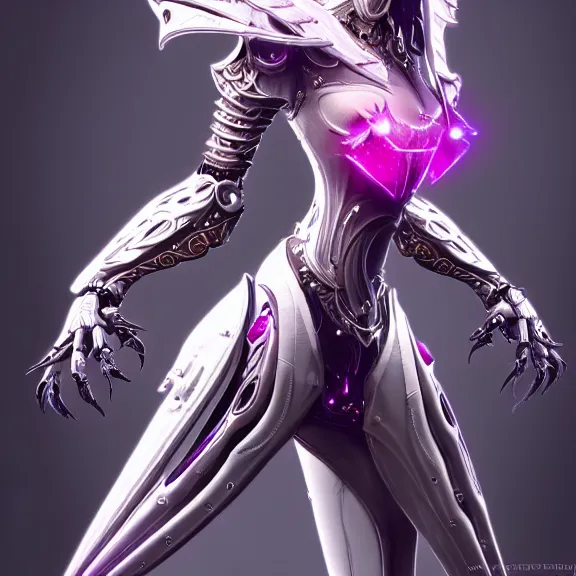 Image similar to highly detailed exquisite fanart, of a beautiful female warframe, but as an anthropomorphic elegant robot female dragon, shiny white silver plated armor engraved, robot dragon head, Fuchsia skin beneath the armor, sharp claws, long sleek tail behind, robot dragon hands and feet, two arms and legs, elegant pose, close-up shot, full body shot, epic cinematic shot, professional digital art, high end digital art, singular, realistic, DeviantArt, artstation, Furaffinity, 8k HD render, epic lighting, depth of field