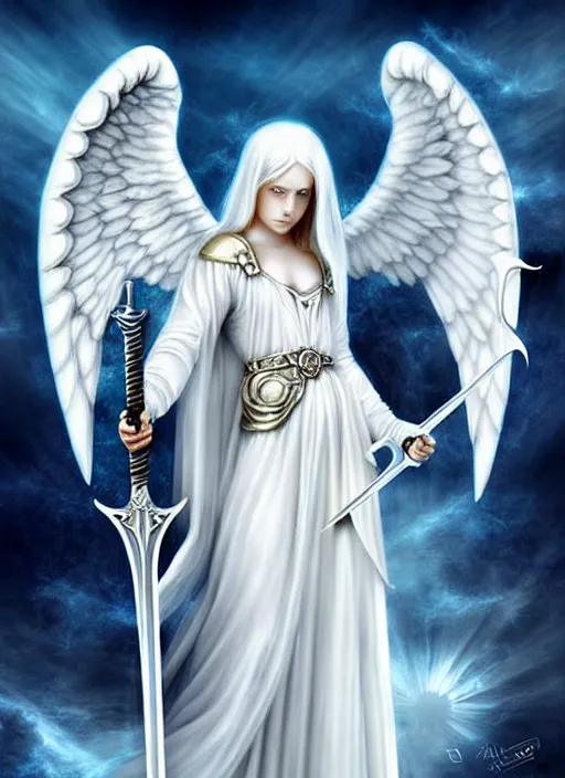Image similar to a white angel holding a sword and a sword, digital art by artgem, Anne Stokes, deviantart, fantasy art, angelic photograph, wiccan, deviantart