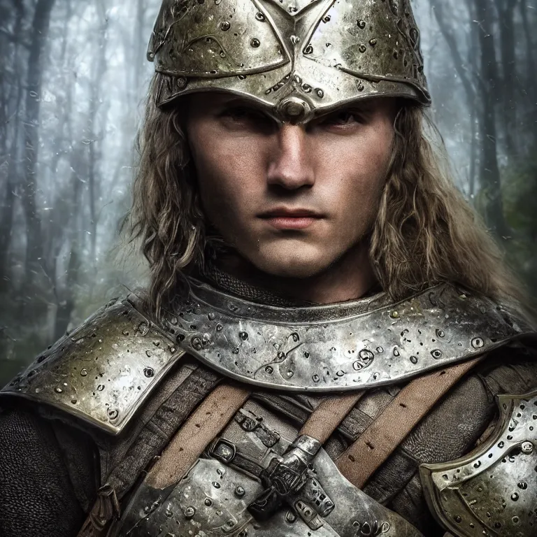 Prompt: armoured male warrior, in a fantasy forest, medieval style, highly detailed, smooth, sharp focus, character portrait, portrait, close up, concept art, intricate details, medieval poster, 8 k. lifelike. soft light. nikon d 8 5 0