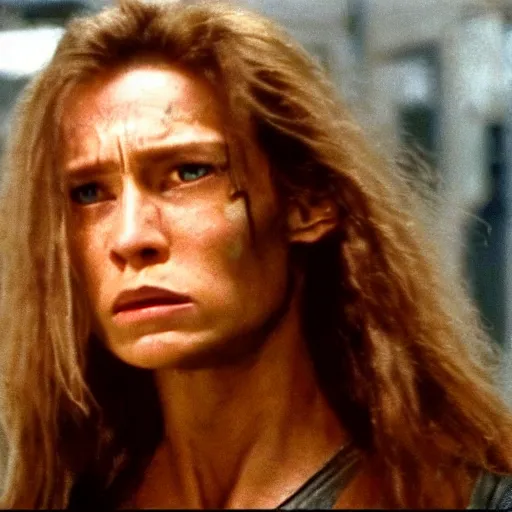 Image similar to long haired cyborg with damaged face. Cinematic lighting. Still from Terminator 2 ending scene