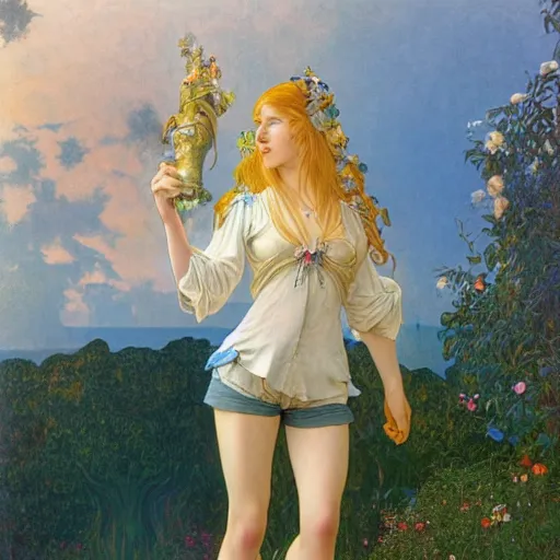 Image similar to A young woman with blonde long hair and bangs in shorts and white shirt drawn by Donato Giancola and Michael Parkes, frank frazetta, alphonse mucha, background by James Jean and gustav klimt, 4k, volumetric lighting, french nouveau, trending on artstation, octane render, hyperrealistic