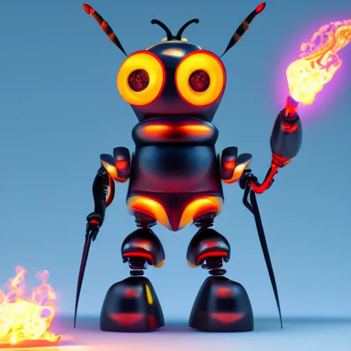 Image similar to full shot,a painting of cute robot bee with big eyes made of flame,Ford, Henry Justice,trending on artstation,3d octane render,High detail