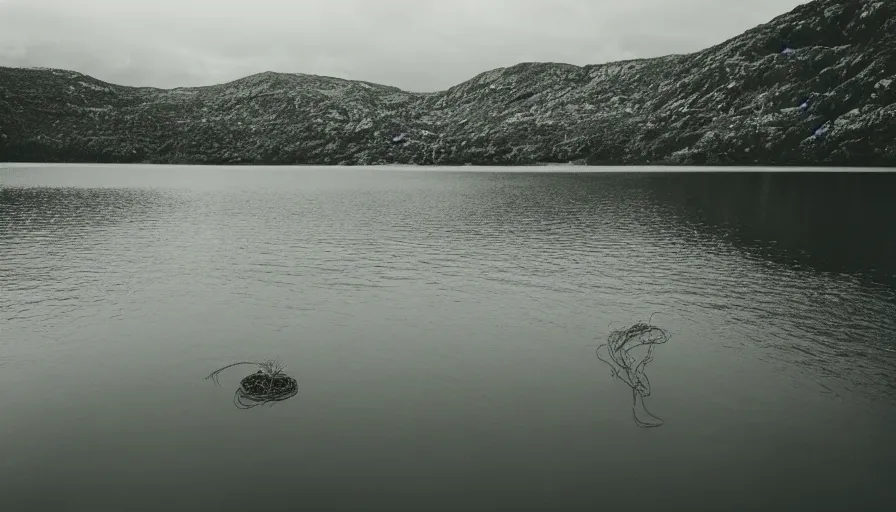 Image similar to rope floating to surface of water in the middle of the lake, overcast lake, rocky foreground, 2 4 mm leica anamorphic lens, moody scene, stunning composition, hyper detailed, color kodak film stock