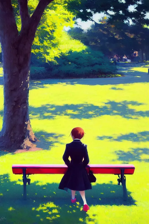 Image similar to A ultradetailed beautiful panting of a stylish girl siting on a park bench, bright sunny day, Oil painting, by Ilya Kuvshinov, Greg Rutkowski and Makoto Shinkai