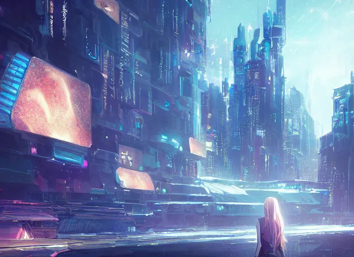 Prompt: girl staring at a meteorite hitting a floating cyberpunk city at night by wlop, key visual, high detail, digital art