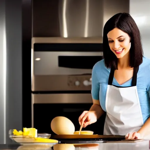Image similar to image of a beautiful woman with dark hair and bob haircut cooking omelette in the modern kitchen. dynamic lighting.