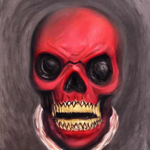 Prompt: Portrait of red skull with black tar oozing from eye sockets