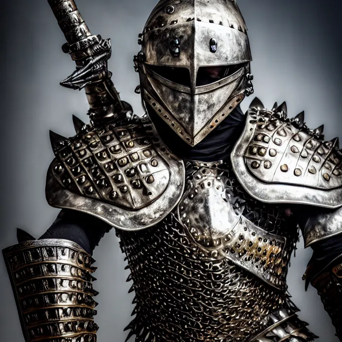 Prompt: photo of a warrior with metal crocodile themed armour and helmet, highly detailed, 4 k, hdr, smooth, sharp focus, high resolution, award - winning photo