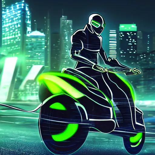 Image similar to a cyber man driving a futuristic neon motorcycle fast on a urban road in the nighttime, digital art, realistic, detailed, mysterious, dramatic, cinematic