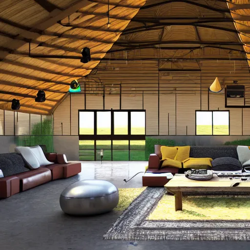 Image similar to interior view of modern futuristic farm barn architecture, cows laying down on sofas and pigs and chickens sitting in lounge chairs, modern interior design, throw pillows, areas rugs, feed troughs, hay, detailed luminescent oil painting 4 k