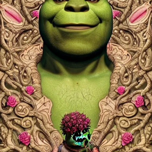 Prompt: a beautiful detailed front view portrait of shrek with ornate growing around, ornamentation, flowers, elegant, beautifully soft lit, by wayne barlowe, peter mohrbacher, kelly mckernan,