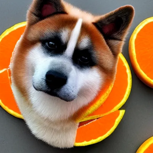 Image similar to photo of an akita inu made out of oranges