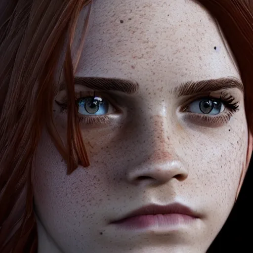 Image similar to textured film grain freckled face emma watson as a pixar character cgsociety octane render unreal engine redshift render trending on artstation trending on artstation render blender behance cg superhero