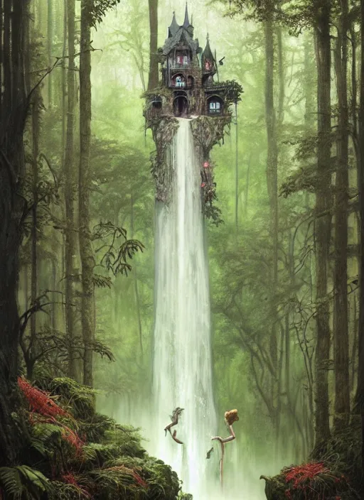 Image similar to a hyper realistic architectural witch shrine under a waterfall in the woods, gorgeous lighting, lush forest foliage, painting by chiara bautista and tom bagshaw, muca beksinski and norman rockwell and greg rutkowski weta studio, and lucasfilm