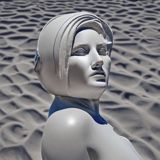 Image similar to the head of a marble cybernetic lady justice statue on ground covered in sand, cyberpunk background, highly detailed, epic lighting, hyper photorealism, 8 k