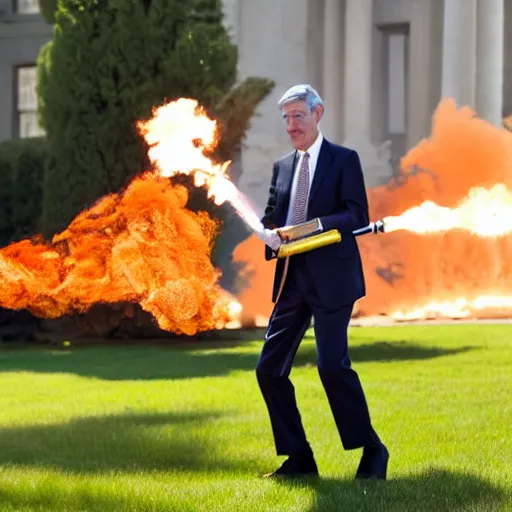 Image similar to photo of Jerome Powell using a flamethrower, highly-detailed, award-winning