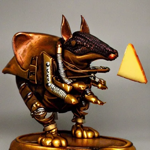 Prompt: dino mouse, guarding golden cheese, steampunk