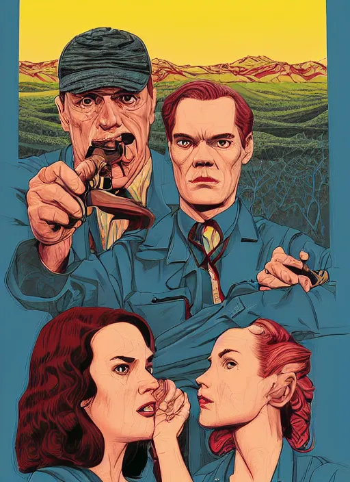 Prompt: Twin Peaks art, of Michael Shannon dressed as mechanic talking to Jennifer Connelly wearing light blue diner waitress dress, poster artwork by Michael Whelan, Bob Larkin, James Edmiston and Tomer Hanuka, Kilian Eng, Chris Moore, from scene from Twin Peaks, simple illustration, domestic, nostalgic, from scene from Twin Peaks, clean, full of details, by Makoto Shinkai and thomas kinkade, Matte painting, trending on artstation and unreal engine, New Yorker magazine cover