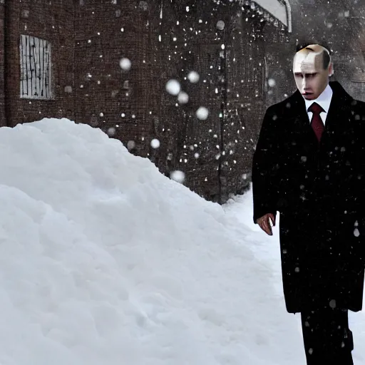 Image similar to caricature of Vladimir Putin alone and depressed in the snow, detailed,