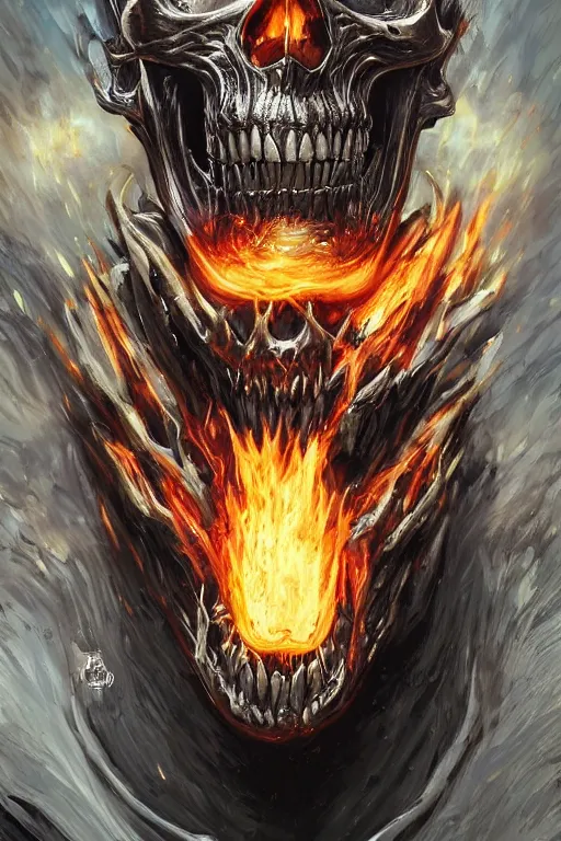 Image similar to Portrait of James Hetfield face transforming in Ghost Rider flaming skull, marvel comics, dark, intricate, highly detailed, smooth, artstation, digital illustration by Ruan Jia and Mandy Jurgens and Artgerm and Wayne Barlowe and Greg Rutkowski and Zdislav Beksinski